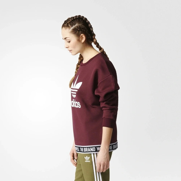 Adidas Maroon White Trefoil 3 Stripes Banded Sweatshirt Top Women's Size Small - Picture 3 of 12